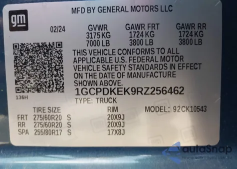 2024 Chevrolet Silverado K1500 Lt-L из США, поврежденный, VIN 1GCPDKEK9RZ256462